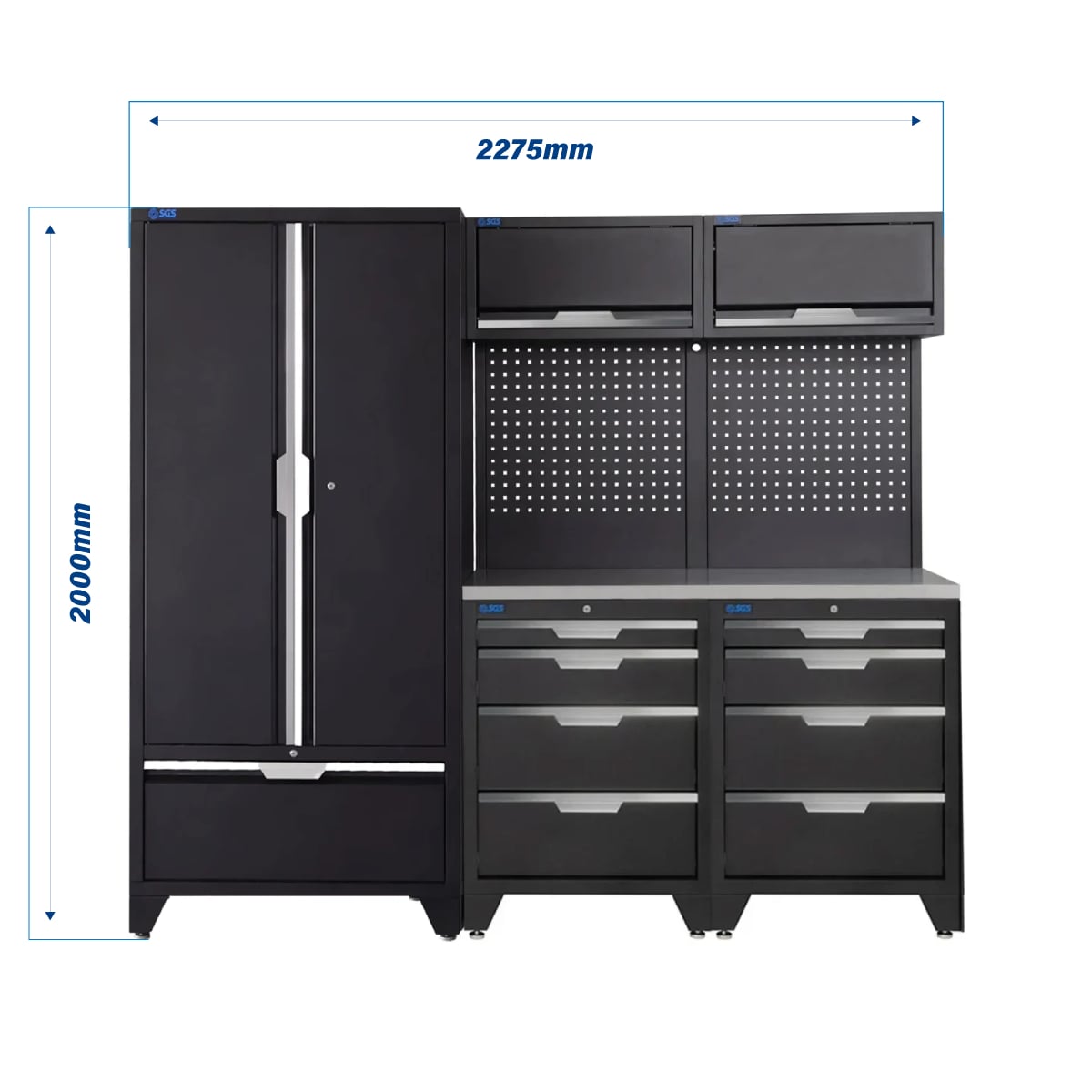 SGS 7pc Modular Garage Storage | 8 Drawers | Stainless Steel Worktop | 2x Upper Cabinets | Tall Double Cabinet with Drawer